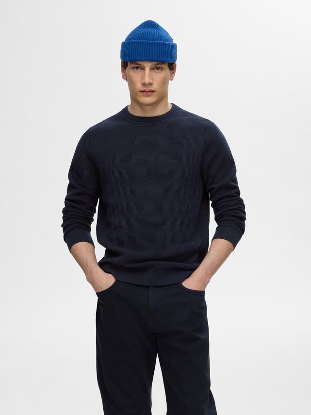 Slhross Ls Knit Structure Crew Neck Dark Sapphire