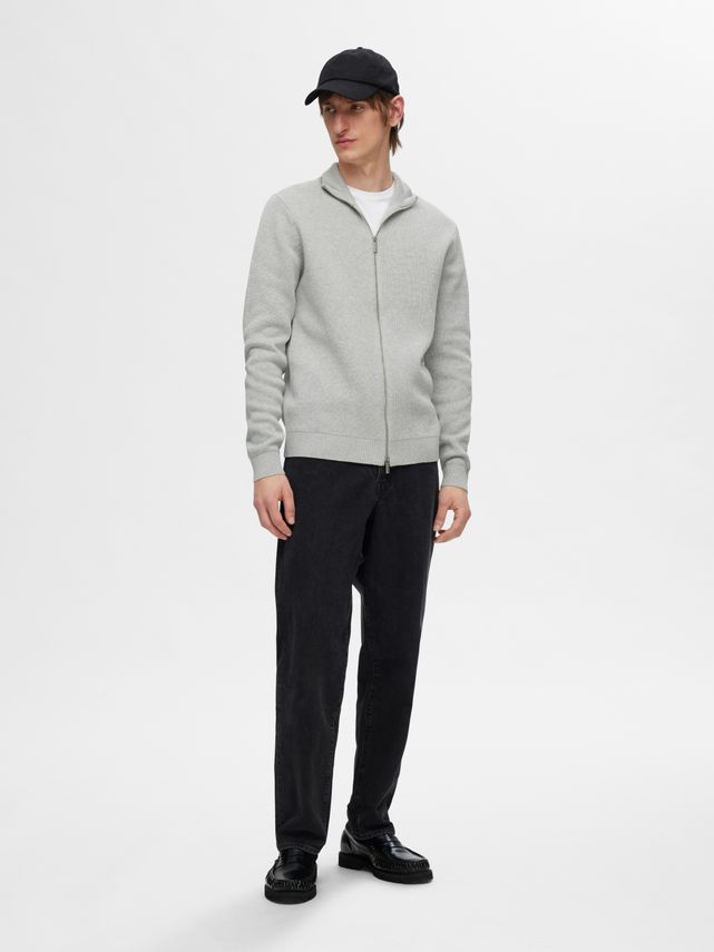 Slhdane Ls Knit Structure Full Zip Light Grey Mela