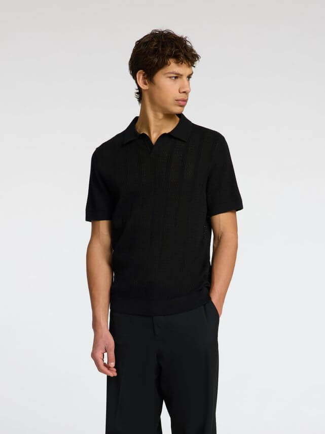 Wells Knit Crochet Open Polo Black