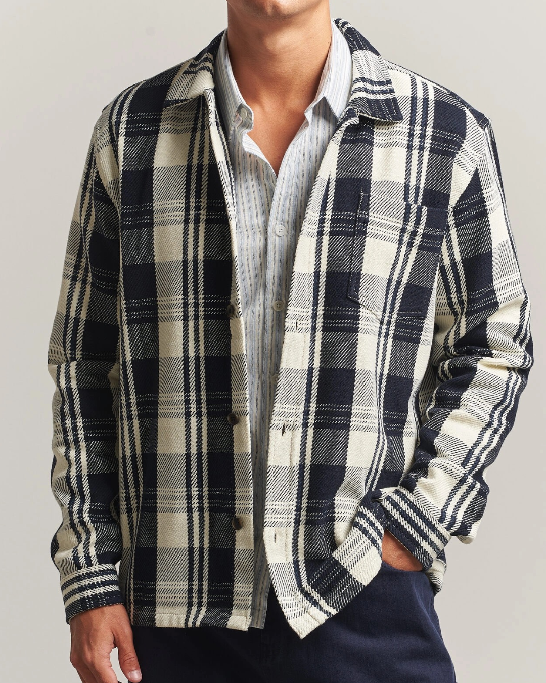 Les Deux Structured Check Overshirt Dark Navy