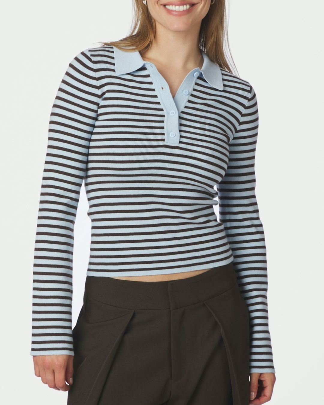 Neo Noir Fannya LS Striped Knit Polo Light Blue