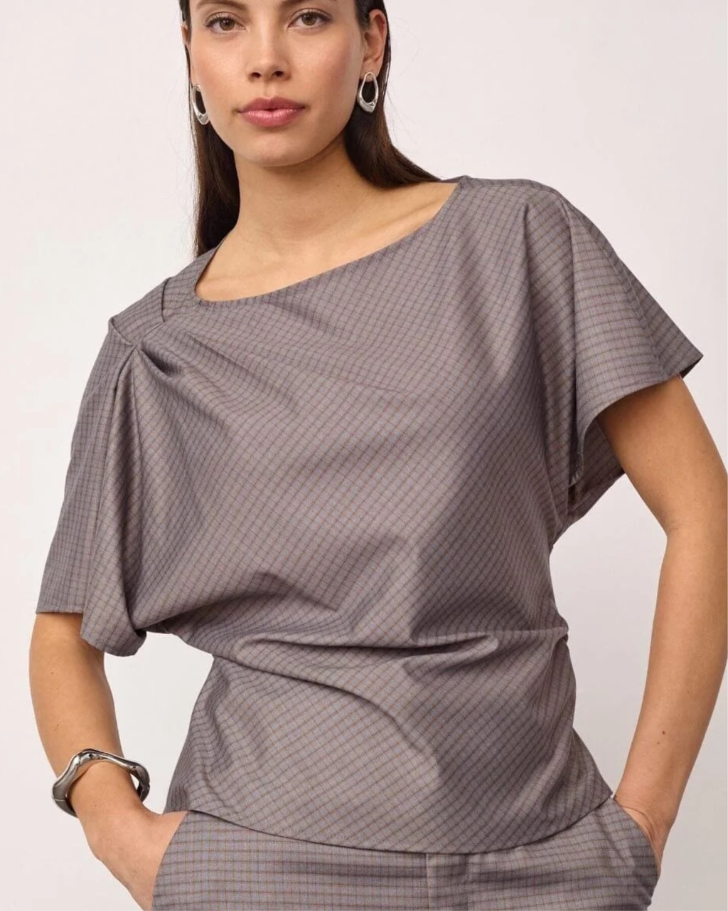 Co'Couture Jove Check Pleat Blouse Light Grey