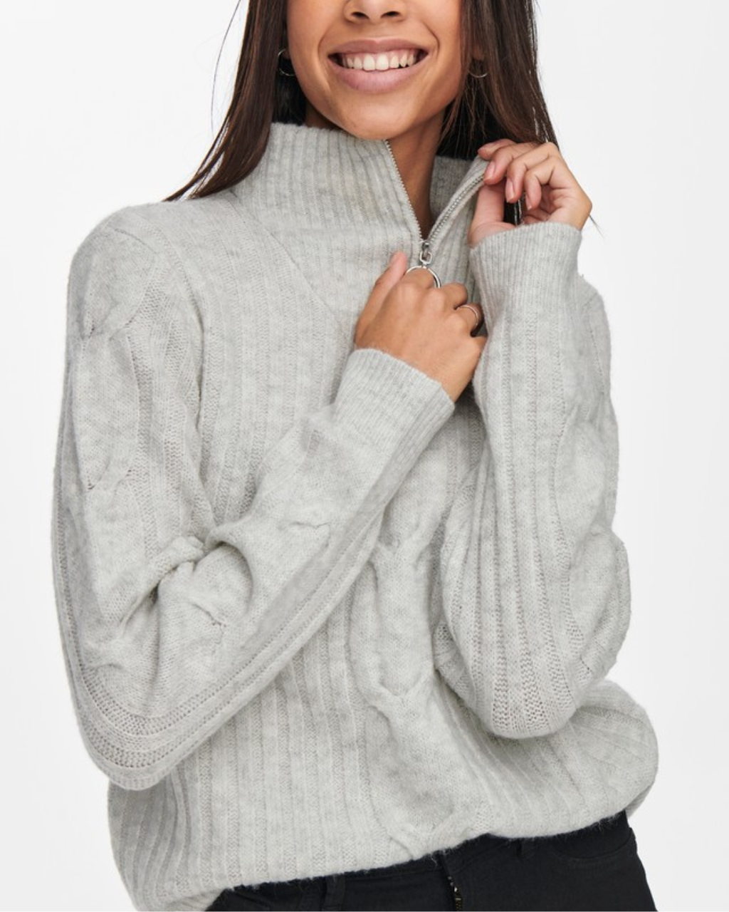 JDY Andrea L/S Zip Cable Pullover Knit Super Light Grey