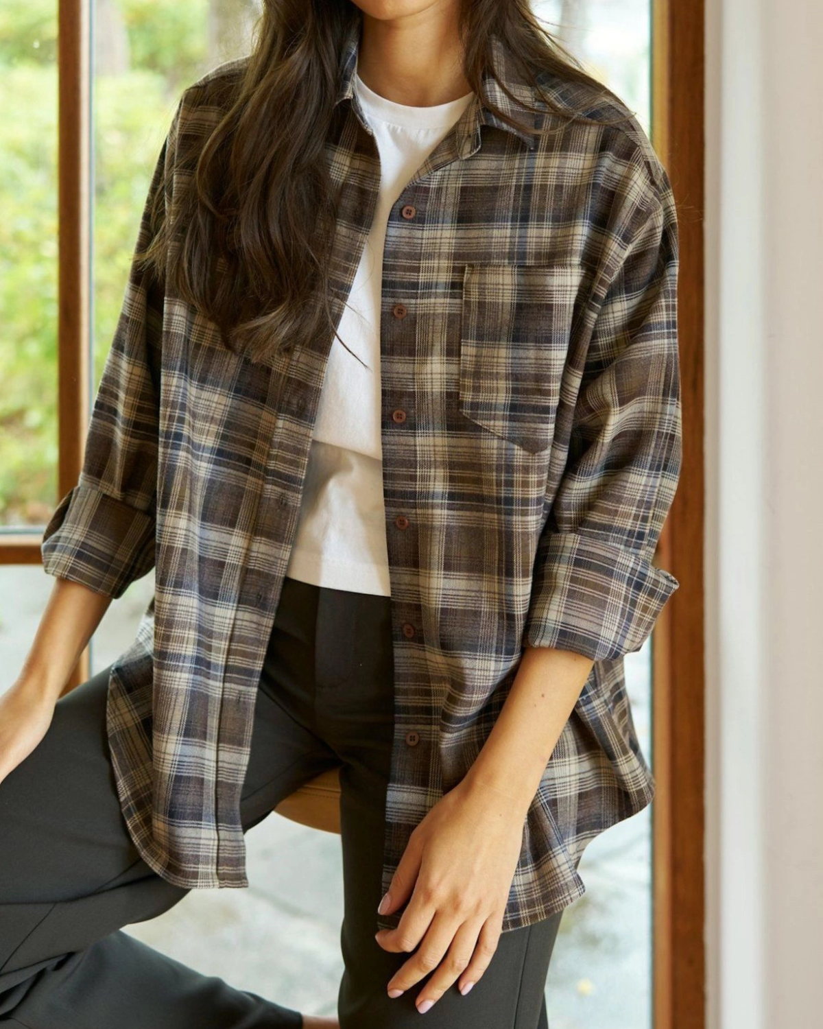 Neo Noir Dalma Flannel Check Shirt Dark Taupe