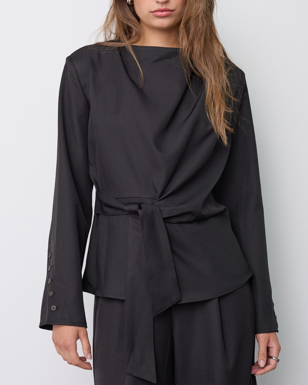 Co'Couture Luna Pleat Tie Blouse Black