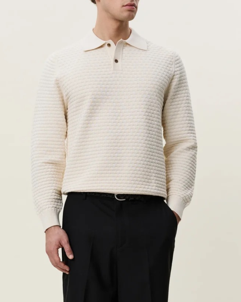 Les Deux Check Structure Knitted LS Polo Off White