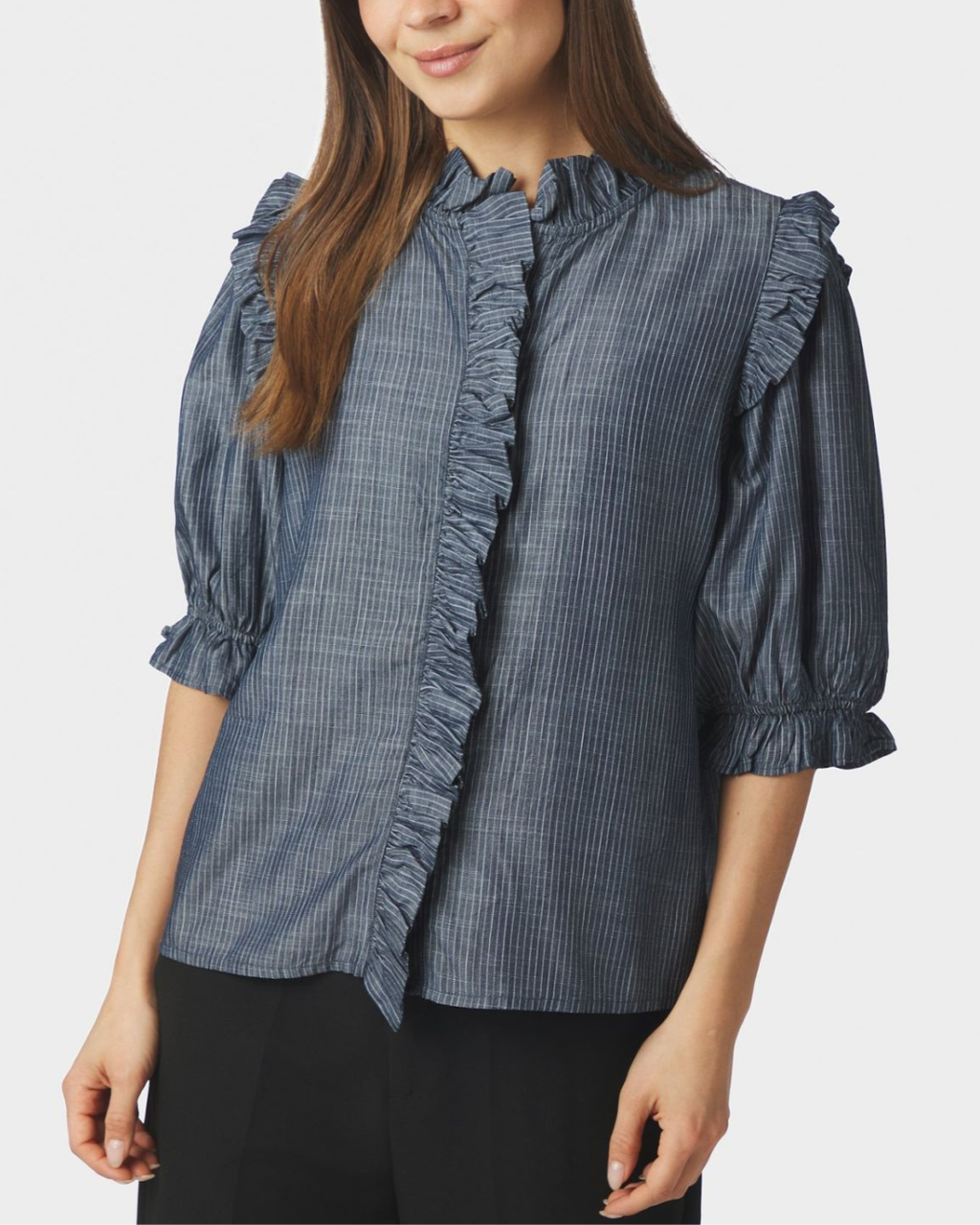Neo Noir Chacha Chambray Stripe Blouse Dark Blue