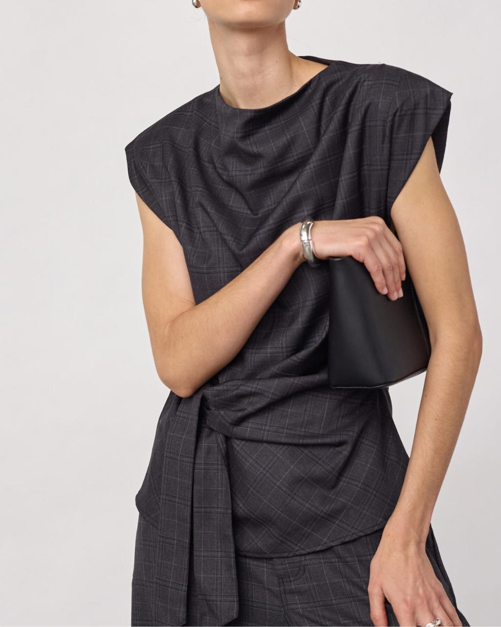 Co'Couture Elora Check Pleat Top Dark Grey