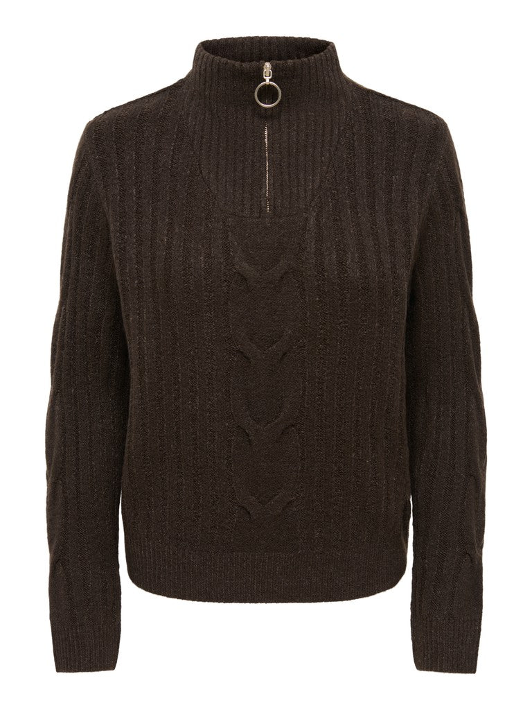 JDY Andrea L/S Zip Cable Pullover Knit Coffee Bean
