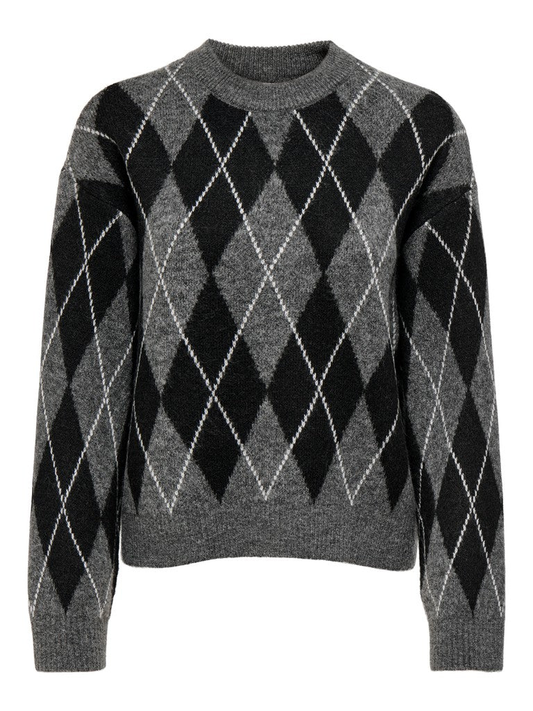 JDY Bianka L/S Argyle Pullover Knit Dark Grey Melange