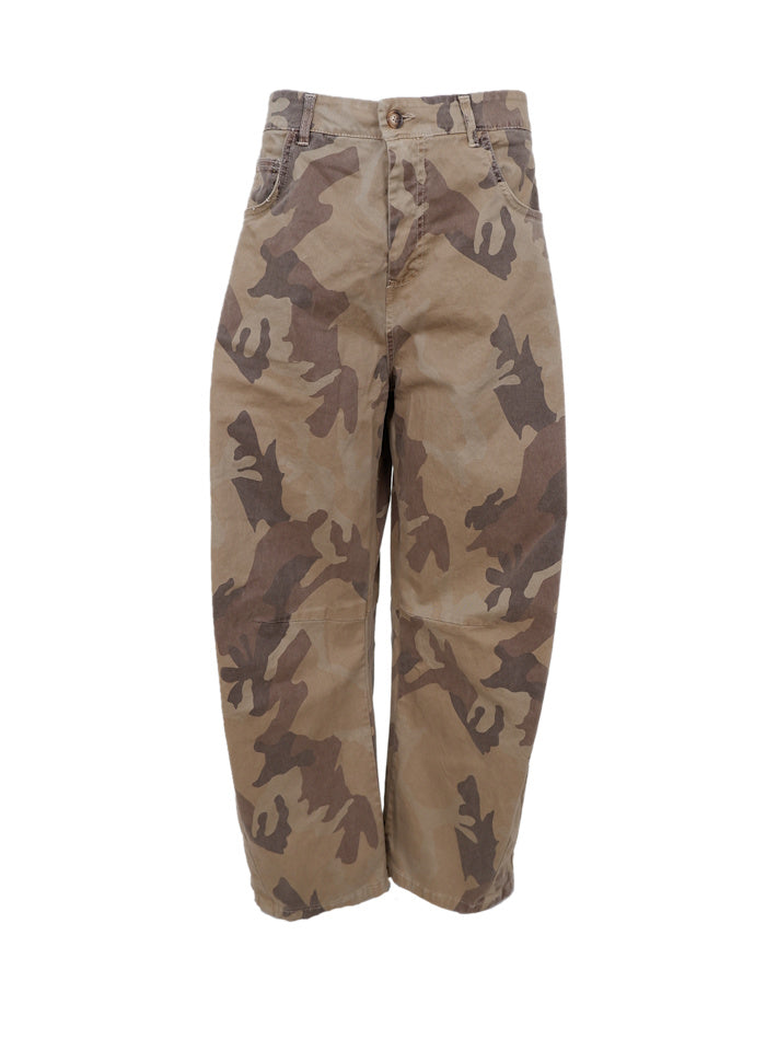 Black Colour Aila Barrel Pant Brown Camouflage